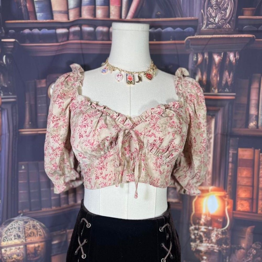 Misguided Size 4 Romantic Floral Puff Sleeve‎ Crop Top